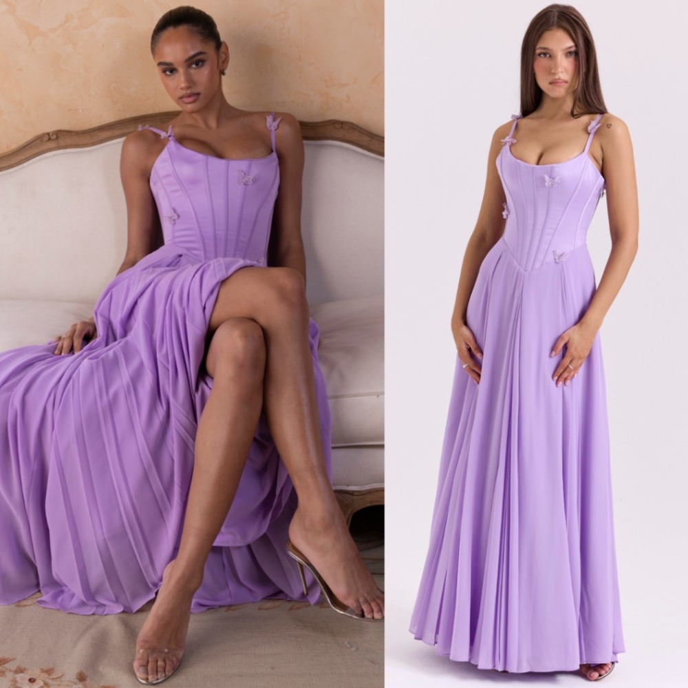 NWT House of CB Pascha Butterfly‎ Appliqué Corset Maxi Dress Sheer Lilac - Large